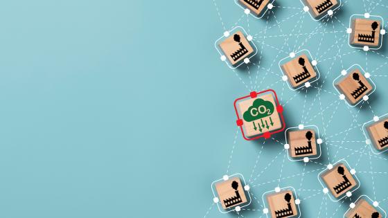 CO2 emissions and factory icons on wooden cubes