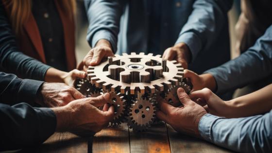 Group of people arranging wooden gears on a desk
