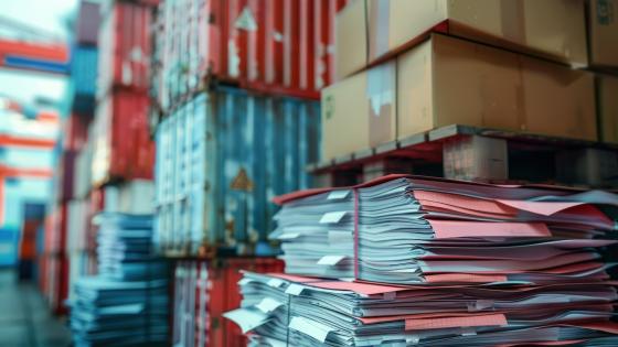 Stack of export documents and shipping containers