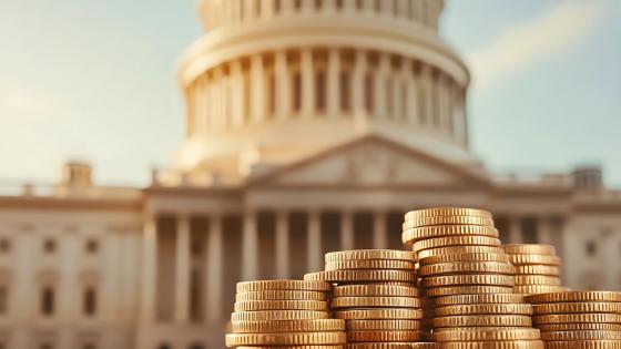 Gold coins piled up in front of government building